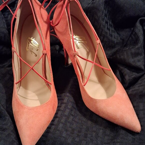 CLEF Women's Genuine Coral Orange Suede Leather Stiletto Pumps, Italy, sz 40.5 - Picture 2 of 15